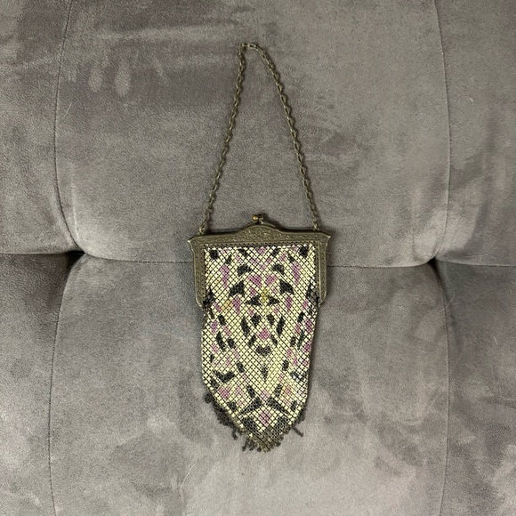 Antique 1920s Mandalin Mfg Co enamel mesh purse wallet handbag silver purple - Picture 1 of 6
